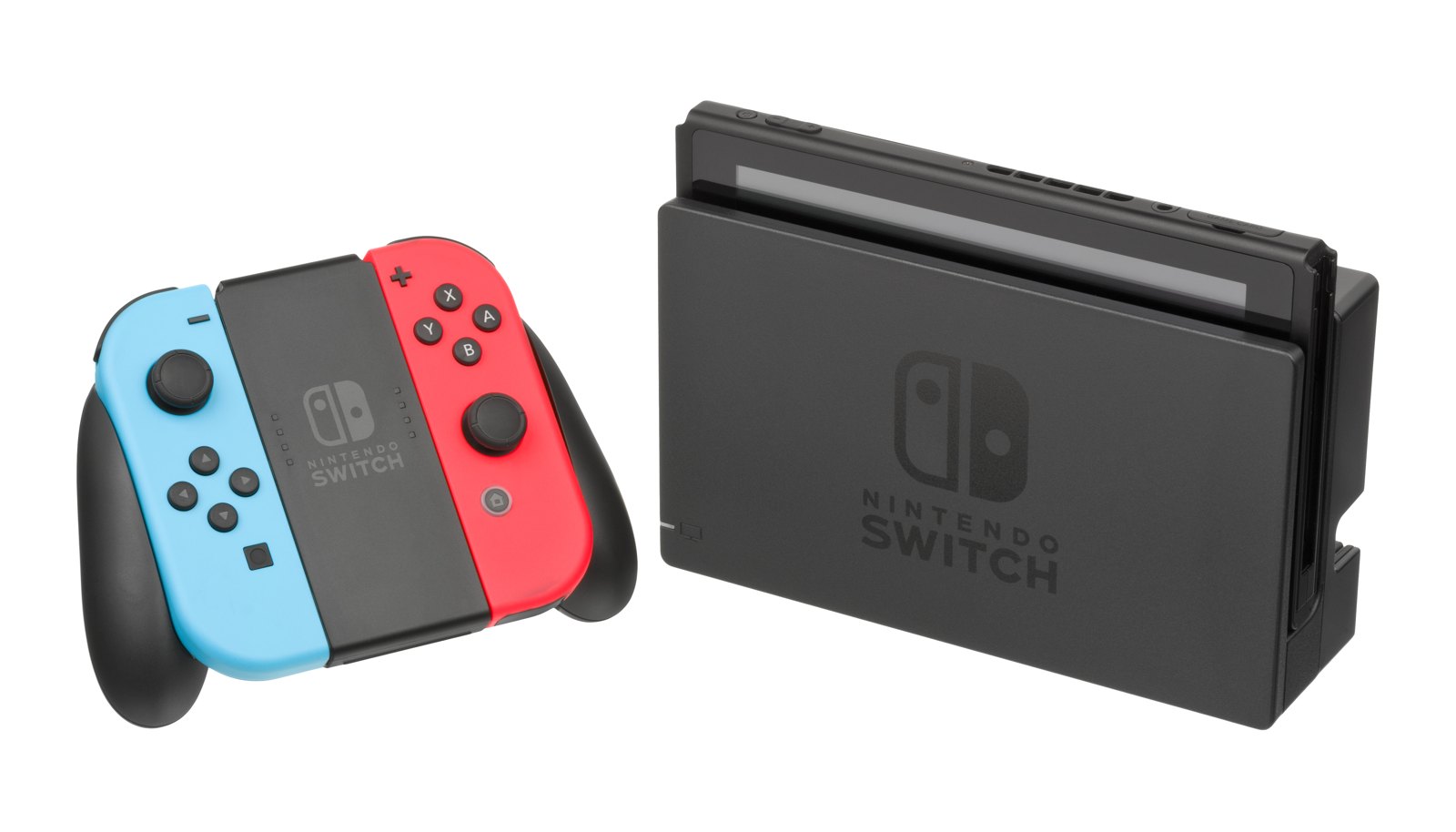 Original Nintendo Switch console in its dock, with red and blue Joy-Con